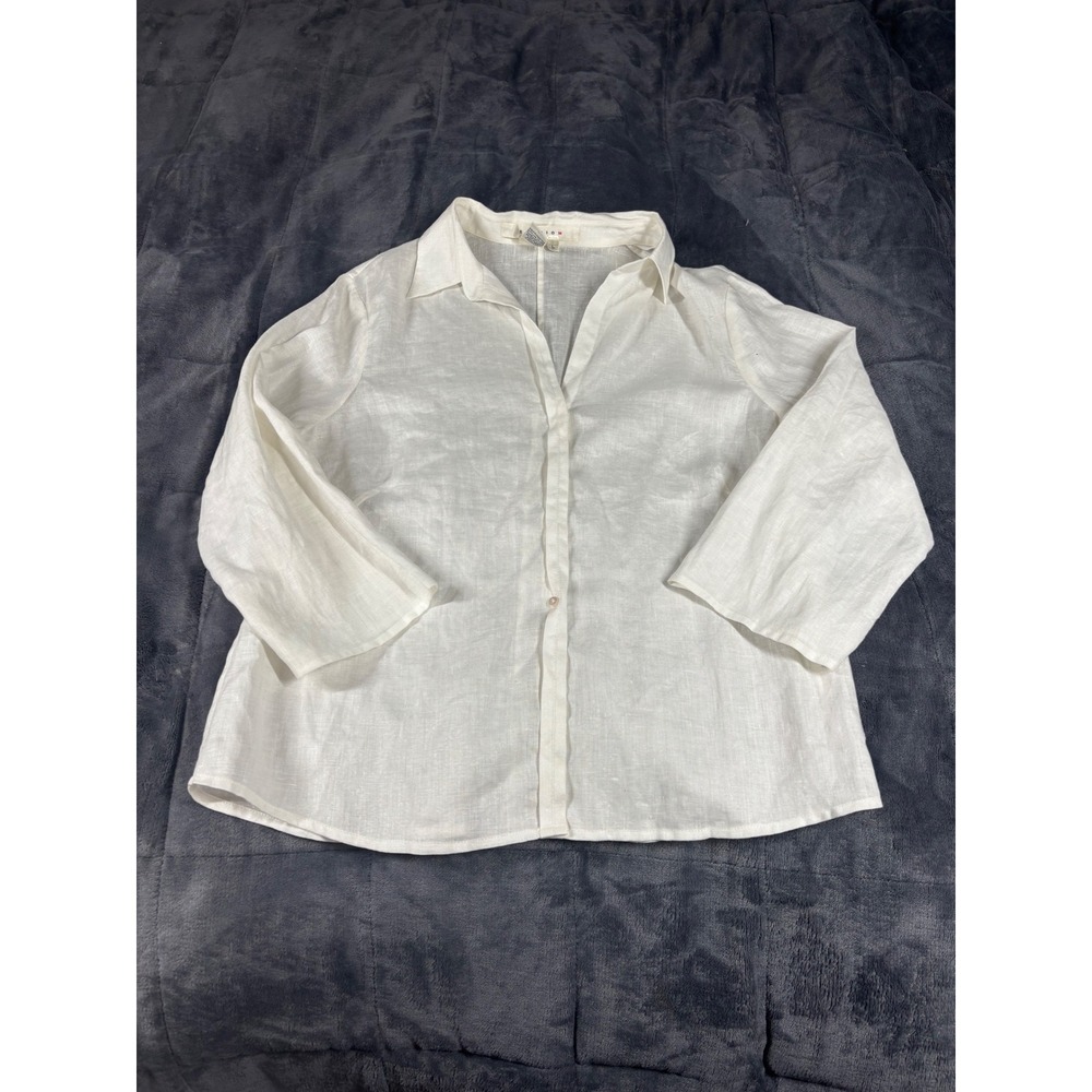 Studio M Womens White 100% Linen Button Up Shirt 3/4 Sleeve Size L 3M03H39